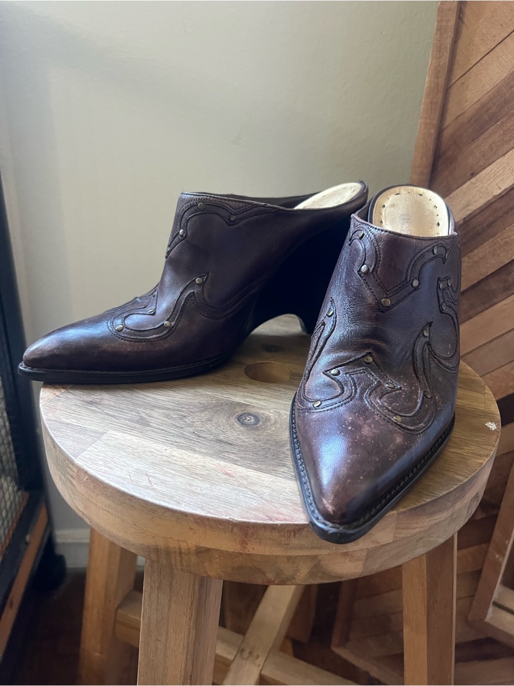 Vintage BCBGirls Western Leather Wedge Mules